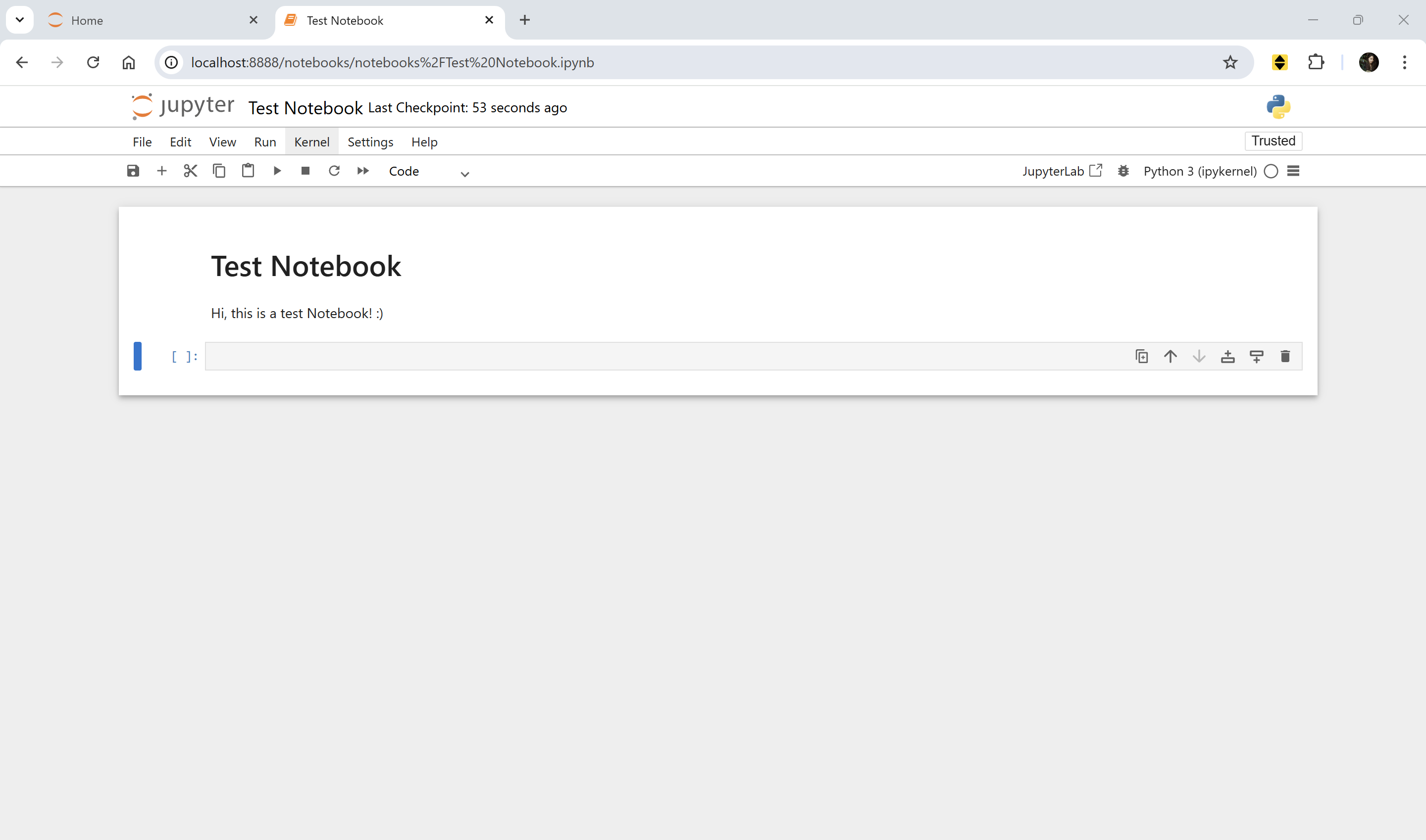 Jupyter Notebook image, showing the test notebook